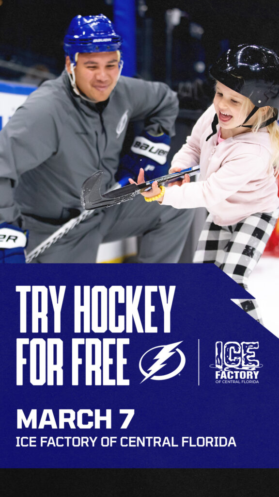 Tampa Bay Lighting and Ice Factory Try Hockey For Free flyer with Image of coach with child