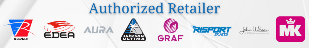 Logos of Figure Skating Brands available at the Ice Factory include Jackson Ultima, Riedel, Edea, Aura, Graf, MK, John Wilson